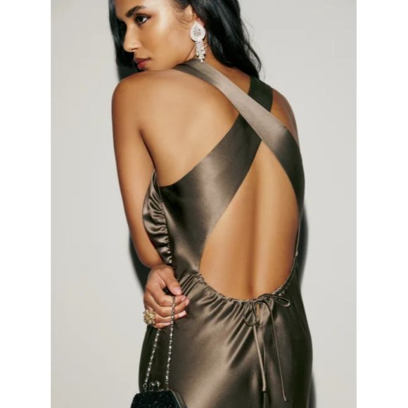 NWOT Reformation Anaiis Silk Dress in Morel Brown Maxi Sleeveless Open Back - Picture 6 of 6